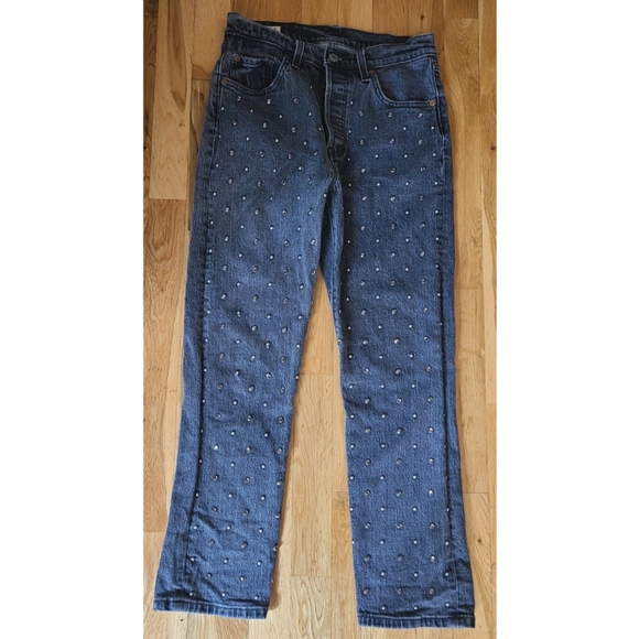 Levi's 501 Gray Studded Premium Denim Cropped Leg Jean Straight Leg Grunge Sz 25 - Picture 10 of 11